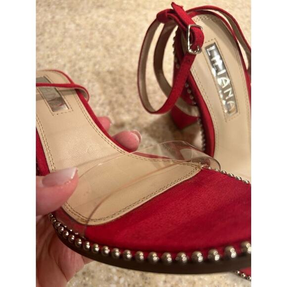 Liliana Red suede 4.5 inch heel clear toe strap gold accents Size 7 - Picture 4 of 10